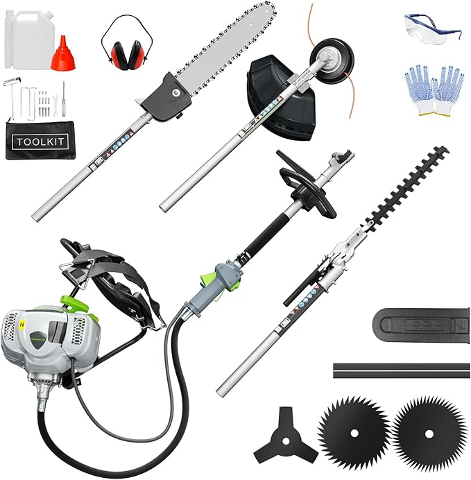 6-IN-1 Multi-Functional Weed Wacker Gas Powered, 52CC 2-Stroke Backpack Gas Powered Weed Eater String Trimmer, Pole Saw, Hedge Trimmer, Brush Cutter Blade, Safety Lock&Shoulder Strap for Lawn Trimming