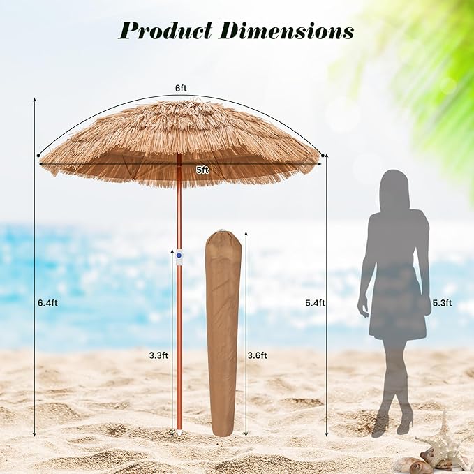 Tangkula 6FT Tiki Patio Umbrella, Hawaiian Style Thatched Market Table Umbrella with Carrying Bag, Tilt Design, 8 Ribs, Tropical Outdoor Umbrella for Beach Patio Garden Pool Backyard (1, Natural, 6 Ft)