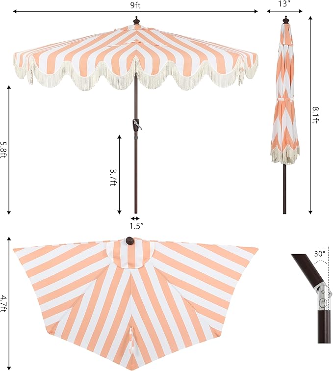 JONATHAN Y Beverly 9 ft. Coastal Coral Pink and White Striped Half Patio Umbrella with Scalloped Fringe, Crank Lift, and Manual Tilt for Balcony, Dark Brown Pole UMB1201E