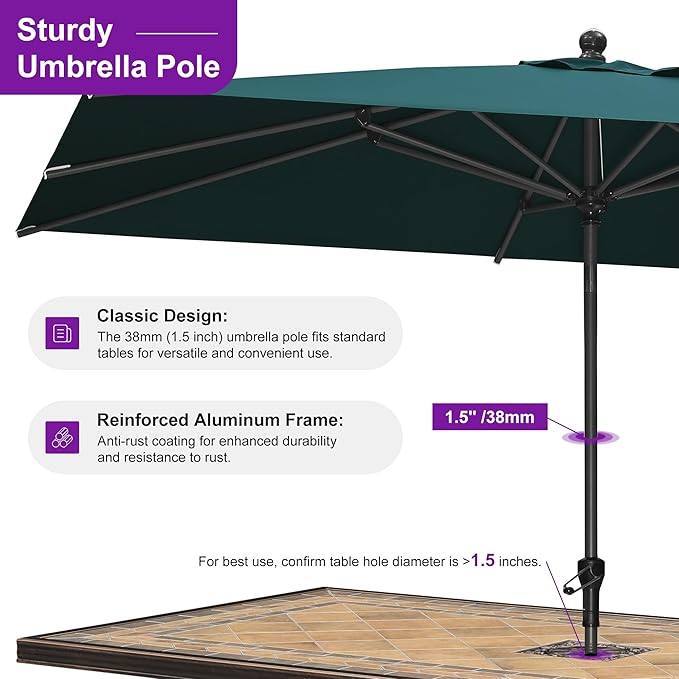 PURPLE LEAF 10' x 6.5' Rectangle Patio Market Umbrella with Base Outdoor Table Umbrellas Aluminum Frame Sun Shade with 8 Sturdy Ribs Tilt for Garden Deck Lawn Pool Green