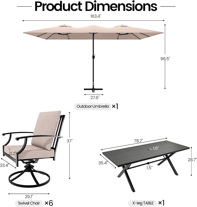 8 PCS Outdoor Patio Dining Set with 13.6ft Double-Sided Patio Umbrella,Patio Table and Chairs Metal Outdoor Patio Furniture Set,Dining Table Set with 6 Swivel Chairs,Brown