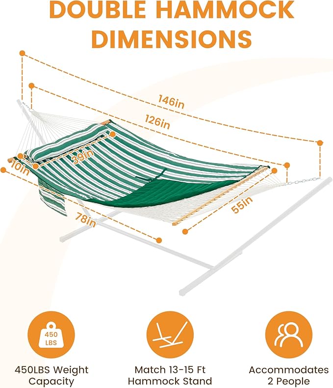 Lazy Daze Hammocks Rope Hammock with Pad, Spreader Bar, Carabiners, Tree Straps, Chains for Outside Patio- Max 450 Lbs, Green White Stripes