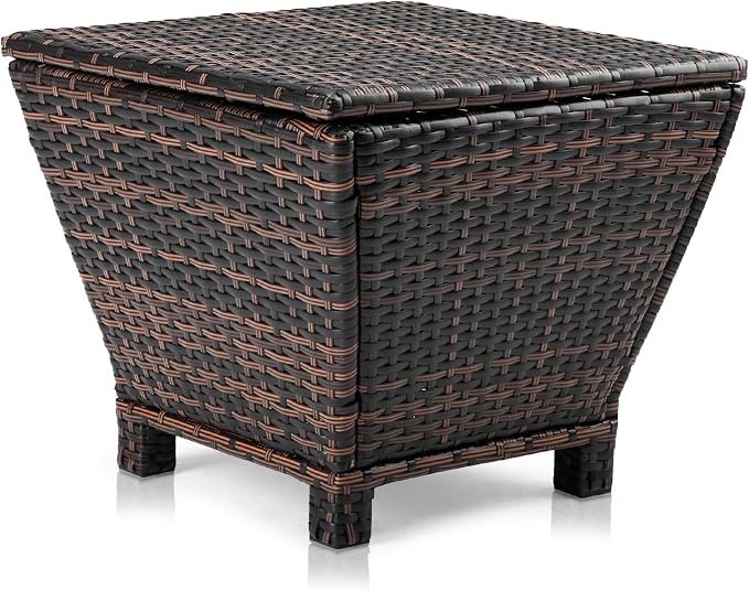 Outdoor Side Table with Storage, 13-Gallon Storage Box Outdoor Wicker Side Table for Patio Storage Table, Brown