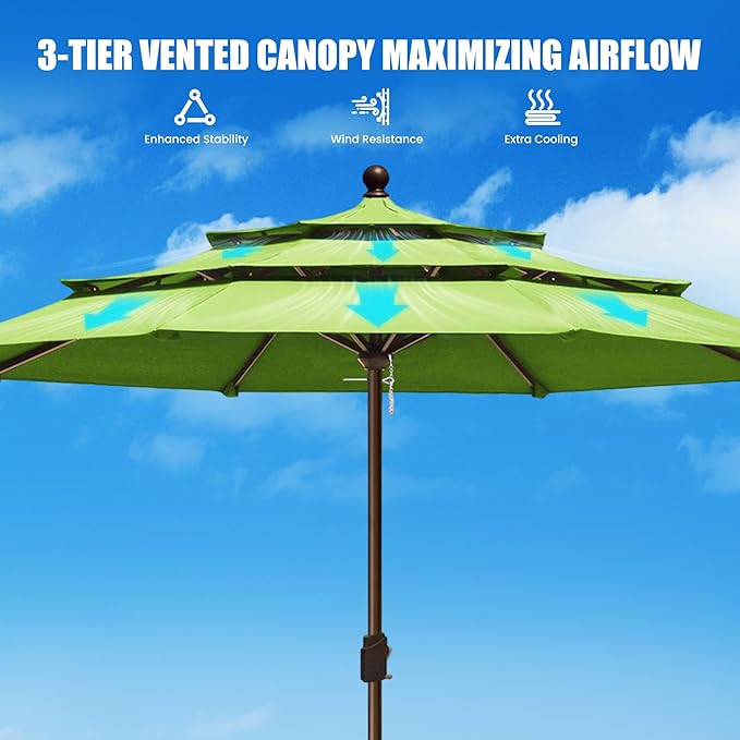 EliteShade USA 10-Year-Non-Fading 11ft 3-Tier Market Patio Umbrella, Commercial Grade Outdoor Table Umbrella with Crank Open, Windproof & UPF 50+ UV Protection, Heavy Duty Ventilation for Garden, Deck, Pool, Backyard, Beach & Bistro, No Tilt, Macaw Green
