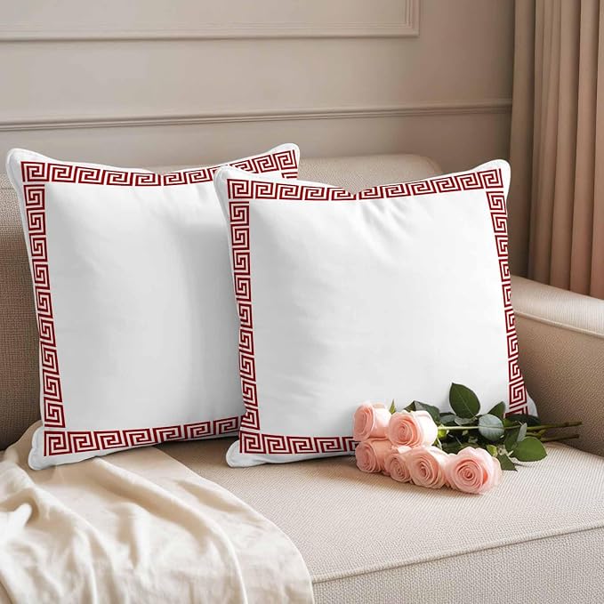 Outdoor Pillow Covers Set of 2, Greece Abstract Inspired Key Pattern Decorative Throw Pillow Covers 16X16IN, Red Twist Lines on White Throw Pillows Protector Cushion Case for Patio,Couch,Sofa,Garden