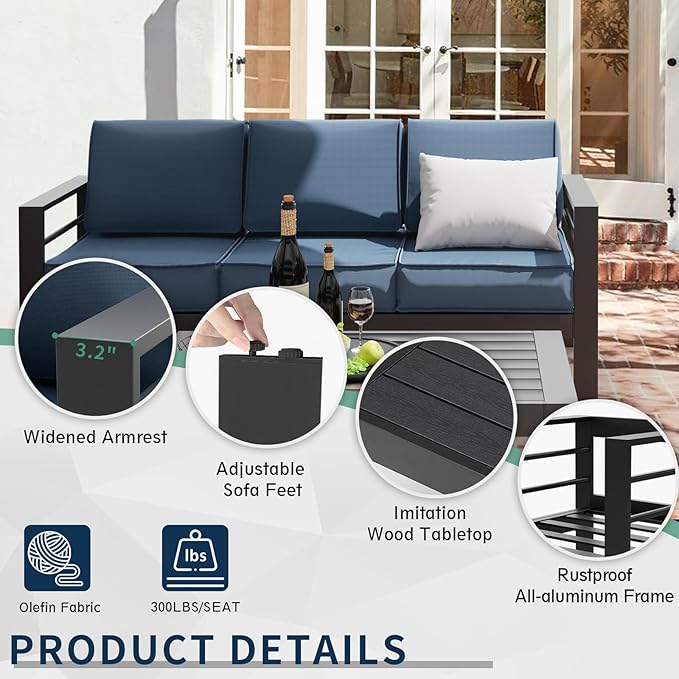 Amopatio Aluminum Patio Furniture, 8 Pieces Metal Outdoor Furniture Set, Modern Patio Sofa Sets Outdoor Sectional for Pool, Garden, Dark Grey&Blue (Included Waterproof Covers)