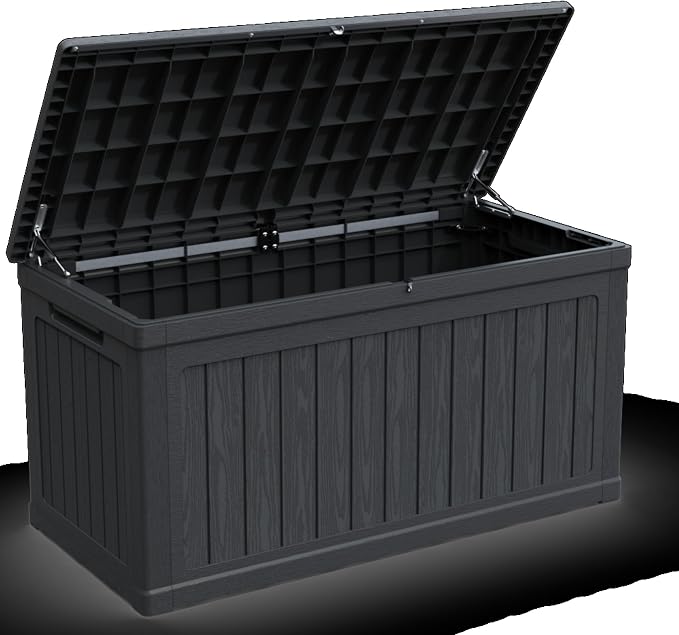 Large Outdoor Storage Deck Box, Resin Patio Container with Lockable Lid, Hydraulic Lift, Wood Texture Panels, Bench Table Function for Cushions Garden Tools Pool Gear Sports Equipment (230 Gallon)