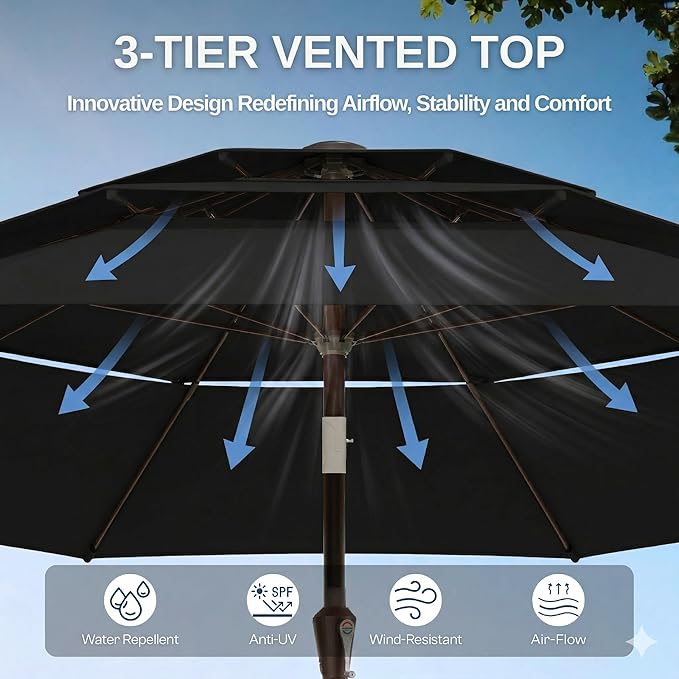 10ft Patio Umbrella, 3 Tier Outdoor Market Table Umbrellas with 8 Fiberglass Ribs and Push Button Tilt, Windproof, Vented Canopy, UV Protection for Deck, Pool, Backyard