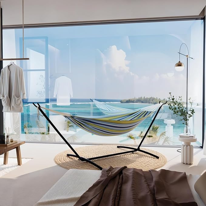 Steel Frame 2-Person Hammock Suite with Stand,450lbs Capacity, 2 Person Cotton Rope Portable Hammock with Polyester Quilted Pad and Pillow,for Garden Yard,Camping and Patio.