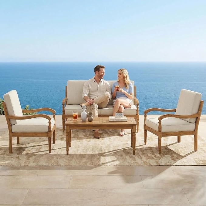 Patio Furniture Set-Single Chair, Outdoor Sectional Furniture with Armrests and Thick Washable Cushions, All-Weather Patio Conversation Set for Backyard, Garden and Poolside, Beige(Series F)