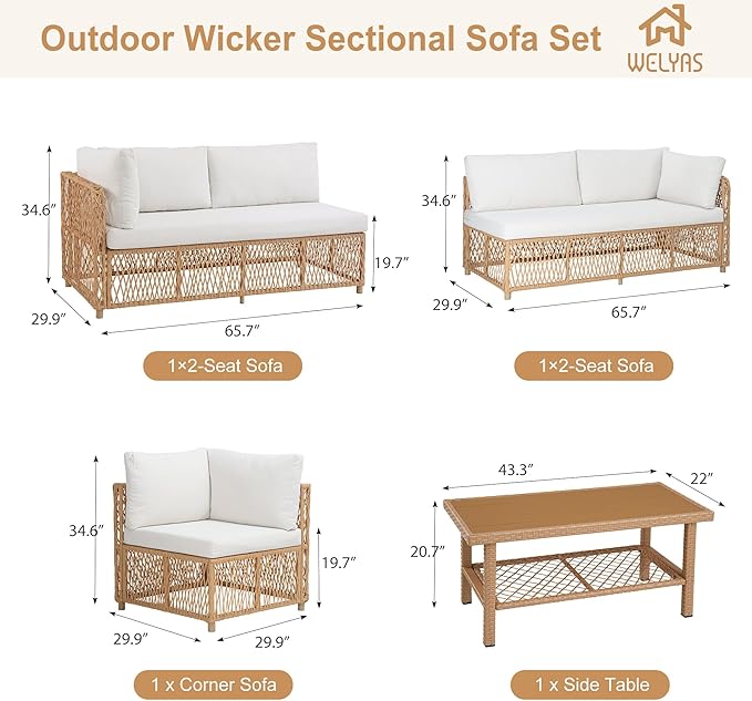 Outdoor Sectional 6-Seater Large Luxury Patio Furniture Set Modular L-Shaped Outdoor Furniture with Thick Cushion All Weather Wicker Boho Patio Conversation Sets for Deck, Backyard