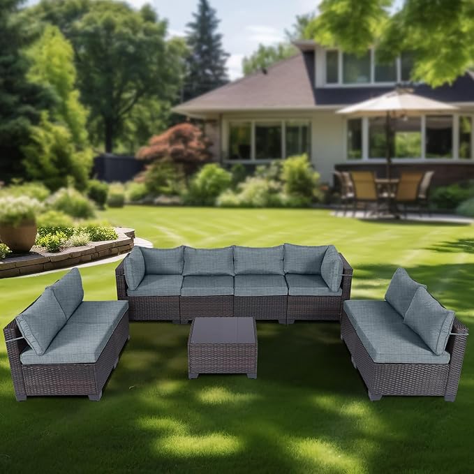 CHABATREE 9 Pieces Outdoor Patio Furniture Sets,Rattan Conversation Sectional Set,Manual Weaving Wicker Patio Sofa with Tea Table