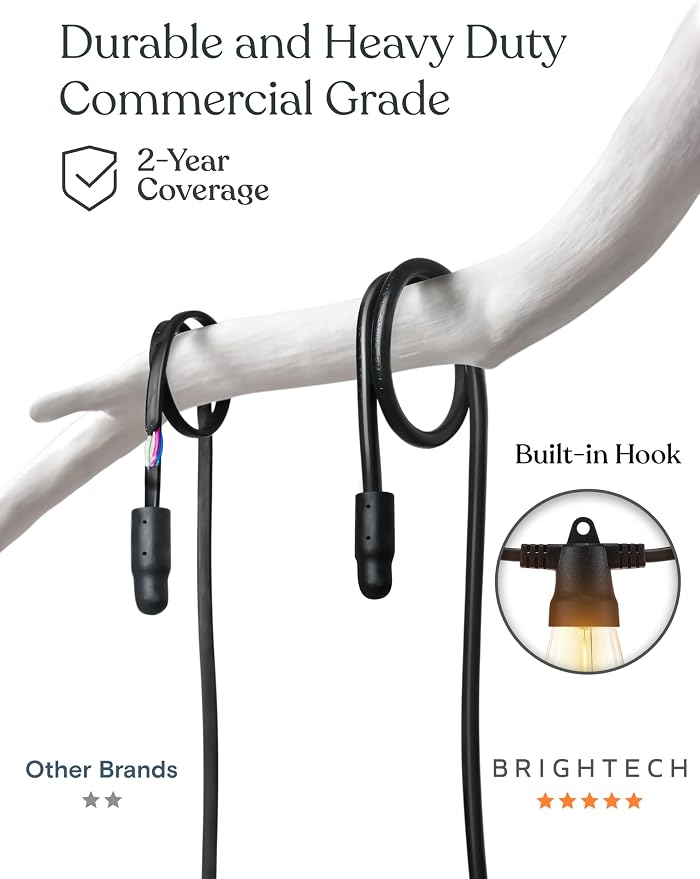 Brightech 48 (42+6) FT Ambience Pro Outdoor Solar String Lights - Bright Remote Control Color Adjustable Solar Light - Commercial Grade, 15 Waterproof LED Bulbs for Patios, Camping, Yard, Outside