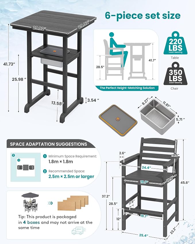 SERWALL Adirondack Bar Chairs and Table 5 Pieces Set with Umbrella, HDPE Bar Height Chairs Set of 2 and Bar Table with Ice Bucket, Outdoor Bar Stools Set for Balcony, Poolside, Backyard, Grey