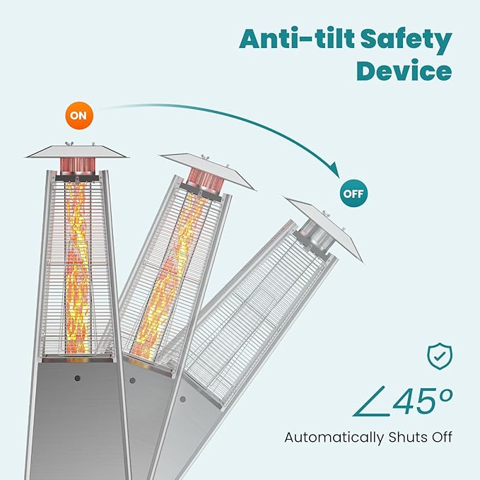 OLIXIS 48000 BTU Pyramid Patio Heater, Outdoor Heater with Wheels and Ignition, Propane Patio Heater for Home, Backyard, Garden, Deck and Patio, Silvery