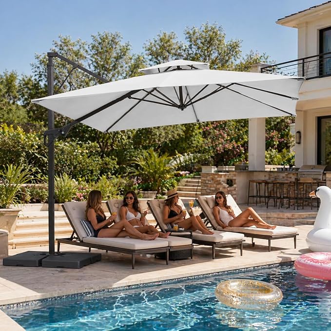 JEAREY 10ft 2-Tier Cantilever Patio Umbrella, Large Square Outdoor Offset Umbrella with Double Top Vent and 360-degree Rotation for Garden, Deck, Pool, Patio, Cream White