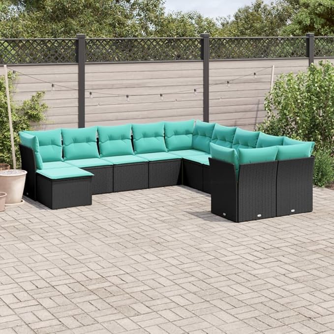 11 Piece Patio Sofa Set with Cushions, Garden Lounge Set Outdoor Sofa Sets Sectional Sofa Patio Conversation Set for Garden Piazza Poolside Exhibition Black Poly Rattan