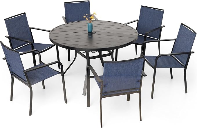 Anmutig 7 Piece Patio Dining Set 48 Inch Round Table Stackable Chairs Blue | Powder-Coated Steel Frame, Quick-Dry Textilene Mesh, Dual-Size Umbrella Hole, Weather Resistant, Patio, Garden, Backyard