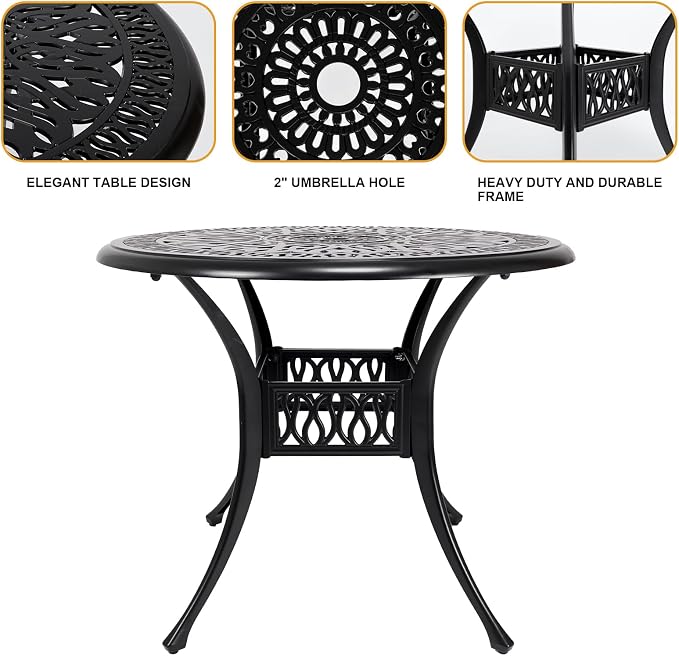 Cast Aluminum Dining Set 5 Piece Outdoor, Patio Conversation Furniture Set, Patio Table and Chairs Set of 4 for Garden Backyard, Black