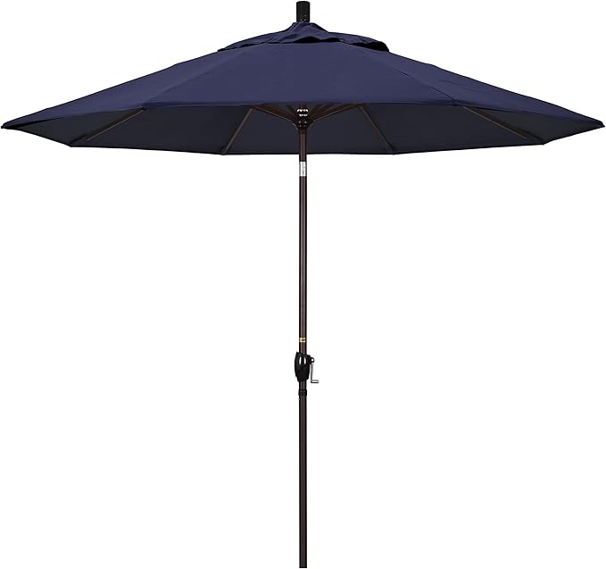 California Umbrella 9' Round Aluminum Market Umbrella, Crank Lift, Push Button Tilt, Bronze Pole