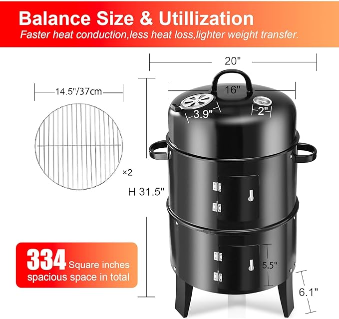 T001-2 19-inch BBQ Charcoal Smoker, Heavy Duty Round Smoking-Vertical Multi-Layer Pellet Smoker for Meats-Offset Charcoal Grill with Thermometer, Black