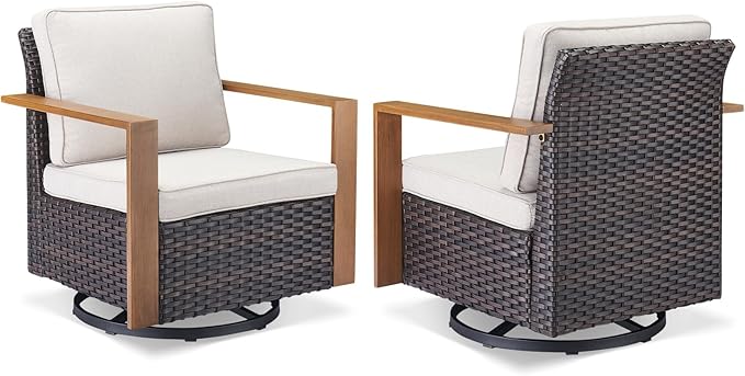 Outdoor Patio Swivel Rocker Chairs - 3 Piece Wicker Patio Furniture Bistro Set with 2 Swivel Rocking Chairs and 1 Metal Side Table,Thick Cushions,Deep Seating for Deck Porch Garden(Brown/Beige)