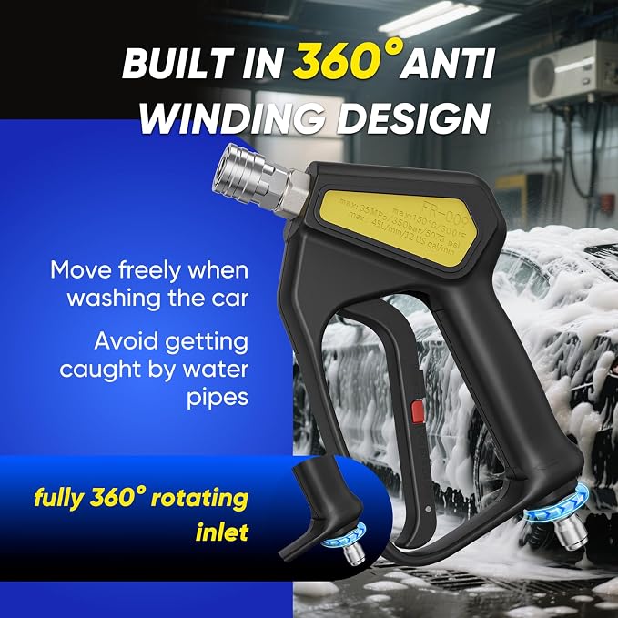 KONOSUBA Short Pressure Washer Gun 5075PSI with 360° Swivel,2 Adapter,5 Pressure Washer Nozzles,1/4" Quick Connector,3/8'' Quick Connect, M22-14/15 mm Fitting (new Gun 5075PSI)