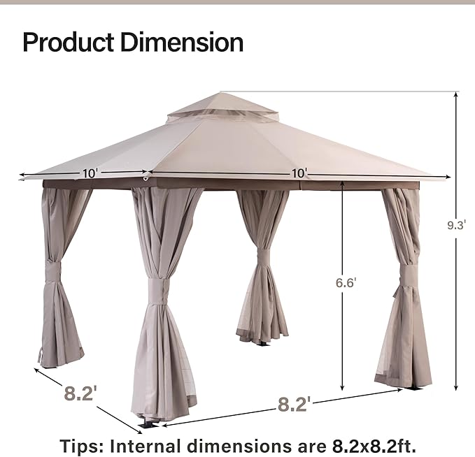LAUSAINT HOME 10'x10' Outdoor Gazebo, Metal Frame Heavy Duty Patio Canopy Tent Shelter with Double Roofs, Mosquito Nettings and Privacy Screens for Backyard, Garden, Lawn, Khaki