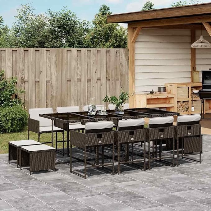 13-Piece Garden Dining Set for 12, Rectangular Synthetic Poly Rattan Outdoor Table and Chairs, Weather-Resistant Furniture for Patio Backyard Brown