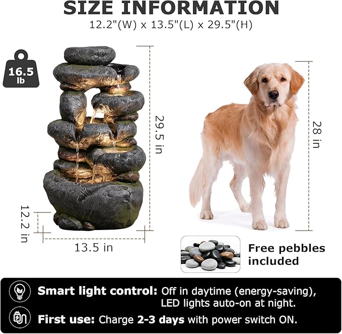 5-Tier Solar Water Fountain Outdoor Garden Cascading Rock Feature, 29.5''Tall Solar Powered Outside Fountains and Waterfalls with Lights for Garden, Patio, Yard, Deck Home Décor