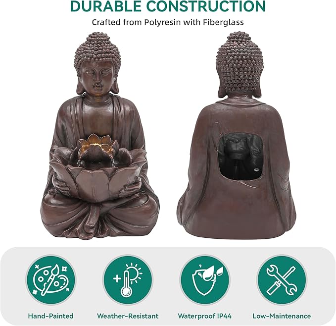 Zen Buddha Water Fountain Outdoor, 19" H Handcrafted Buddha Statue Water Feature with Soothing Waterfalls & Lights, Peaceful Oasis for Garden Patio Yard Deck Living Room Floor Tabletop Decor