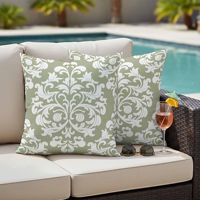 Outdoor Pillow Covers Set of 2, Luxury Flower Sage Green Decorative Throw Pillow Covers 16X16IN, Abstract Floral Throw Pillows Protector Cushion Case for Patio,Couch,Sofa,Garden