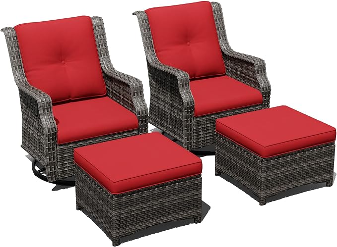 Outdoor Patio Furniture Set, 4 Piece Wicker Patio Furniture with Thick Cushions, Curved Armrest, Deep Seating, Outdoor Swivel Rocker Chairs for Porch, Deck, Balcony