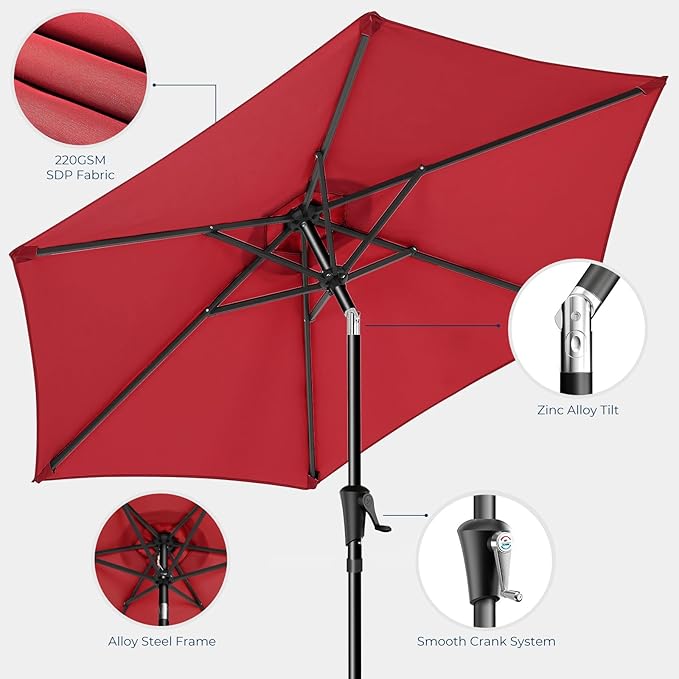 HOMSHADE 9ft Outdoor Patio Umbrella - Market Table Pool Deck Umbrella UPF50+ UV Protection with Push Button Tilt, Crank and 8 Sturdy Ribs (Red, No base)