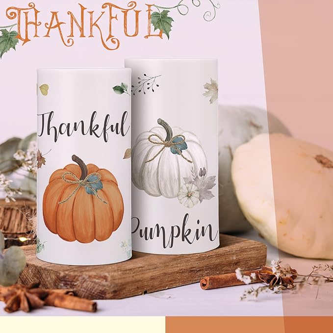 Retisee 3 Pcs Farmhouse Thanksgiving Flameless LED Candles Thanksgiving Battery Operated Candles with Remote Control Thankful Blessed Pumpkin Decor for Table Centerpiece Bedroom Harvest Decorations