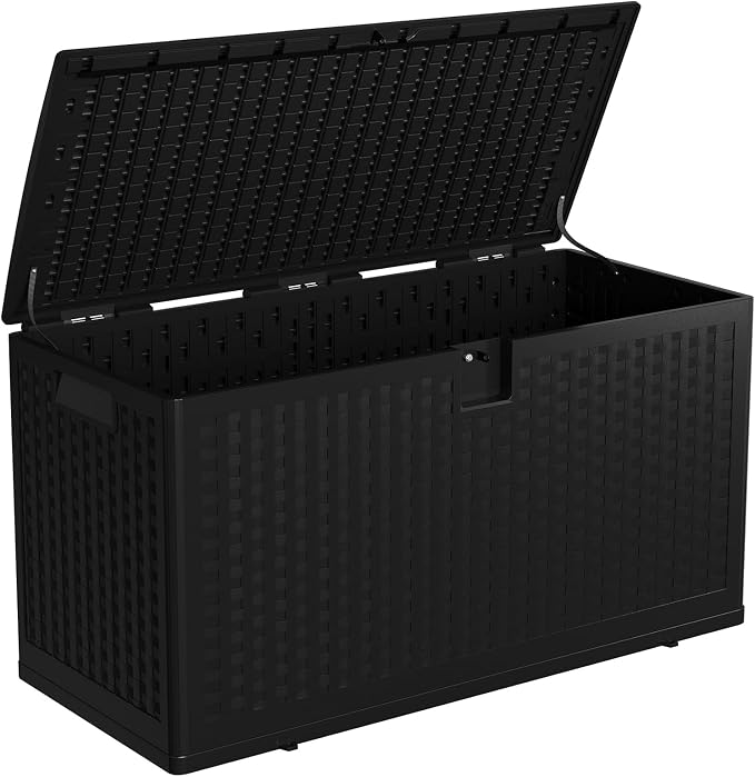 73 Gallon Outdoor Deck Box, Lockable Waterproof Outdoor Resin Box with Lid, Patio Storage Bin for Patio Furniture, Garden Tools, Pool Accessories - Brown
