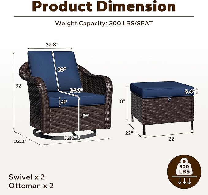 4 Piece Patio Wicker Conversation Set, 2 All-Weather Use Outdoor Wicker Swivel Chairs with 2 PE Rattan Ottomans,Ideal for Porch, Backyard, Balcony, Poolside, Blue