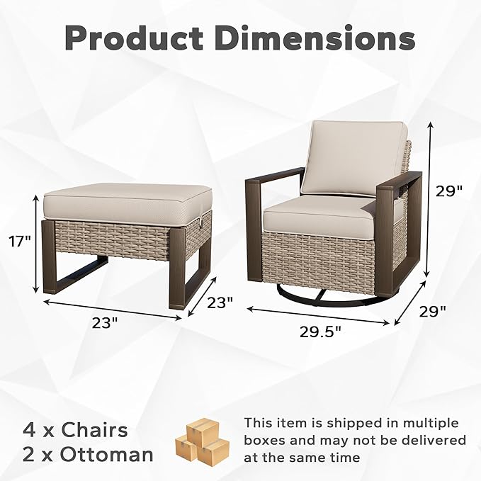 Joyside Outdoor Patio Swivel Rocker Chairs, 5 Pieces Wicker Furniture Set, 2 Swivel Rocking Chairs and 2 Ottoman, Metal Wide Armrest, Thick Cushions and Deep Seating for Garden, Backyard, Porch, Deck