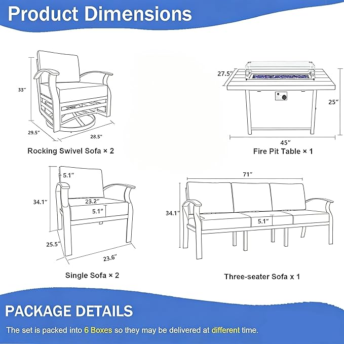 ALAULM Aluminum Outdoor Patio Furniture Set with Fire Pit Table Metal Patio Furniture w/Fire Pit Outdoor Sectional w/5.1" Cushions and 7 Seats for Patio, Backyard, Poolside-Midnight Black