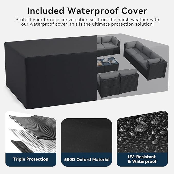 LazySunsets 14 Piece Outdoor Patio Furniture Set with Coffee Table, Outdoor Patio Furniture Set with Waterproof Cover, Wicker Rattan Outdoor Conversation Set for Backyard & Garden, Light Grey