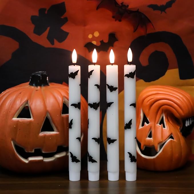 Eldnacele Halloween Flameless Taper Flickering Candles with Remote and Timer, Battery Operated Bats Decal Real Wax 3D Wick LED Candles White 4 Pack for Fireplace Holiday Spooky Halloween Decor