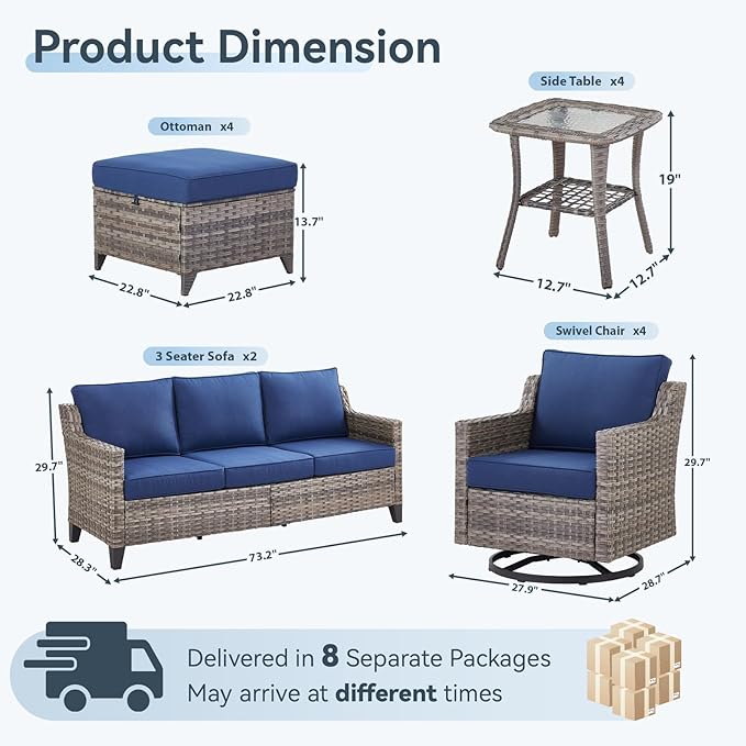 14 Piece Patio Furniture Set-High Back Outdoor Furniture Set Sectional Sofa with Wicker Swivel Patio Chairs,Comfy Cushions Ottomans for Porch Balcony Patio Deck Grey/Blue