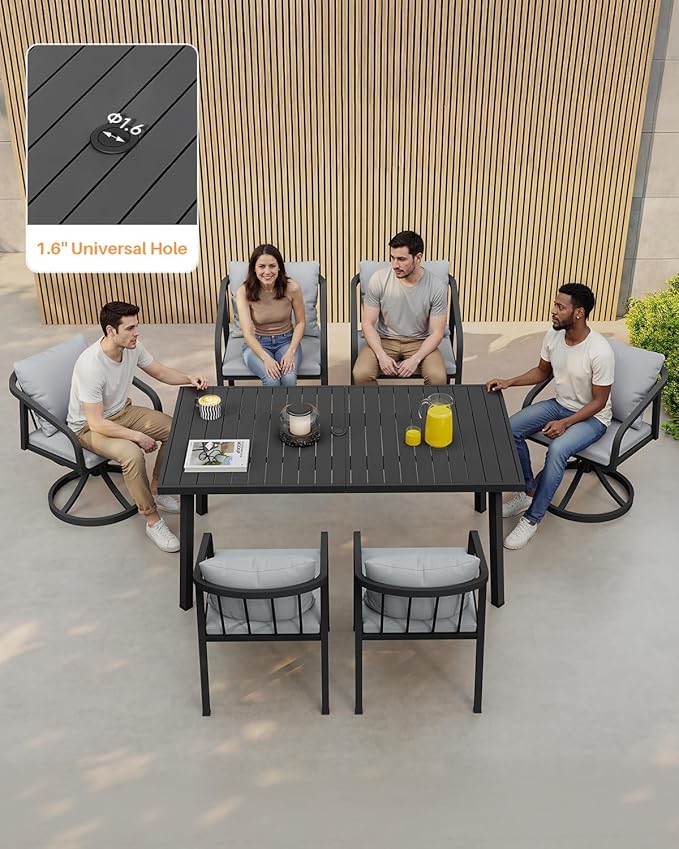7 Pieces Outdoor Dining Set, Never-Rust Aluminum Patio Swivel Dining Set for 6, Outdoor Furniture Set with 2 Swivel Chairs, 4 Dining Chairs, Patio Table Set for Commercial, Deck, Garden, Black