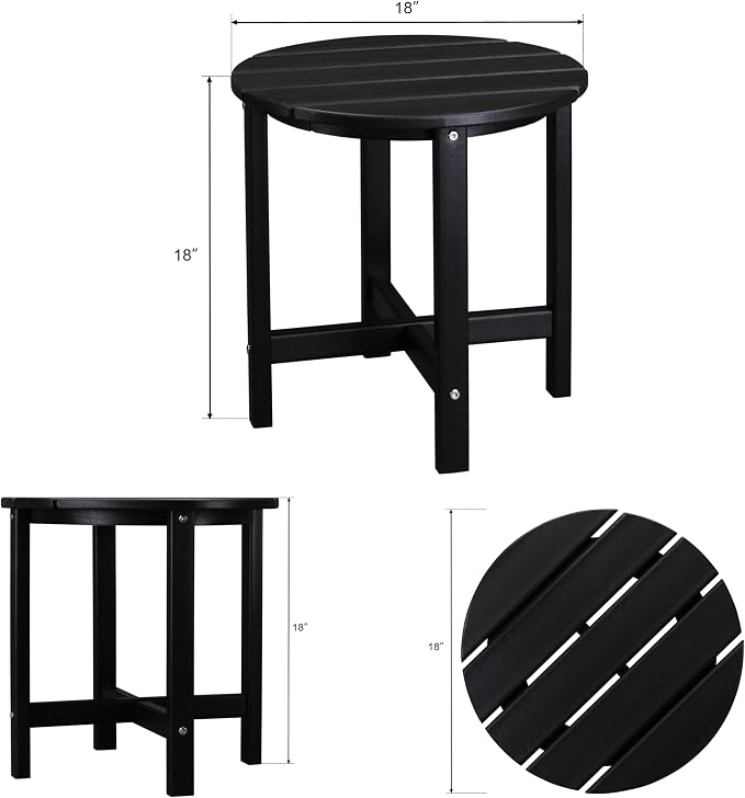 Outdoor Side Table, 18" HDPE Round Patio End Table, Weather Resistant Small Outside Table for Adirondack Chairs, Garden, Porch, Poolside, Deck and Living Room, Wood-Like Texture, Black (Style A)