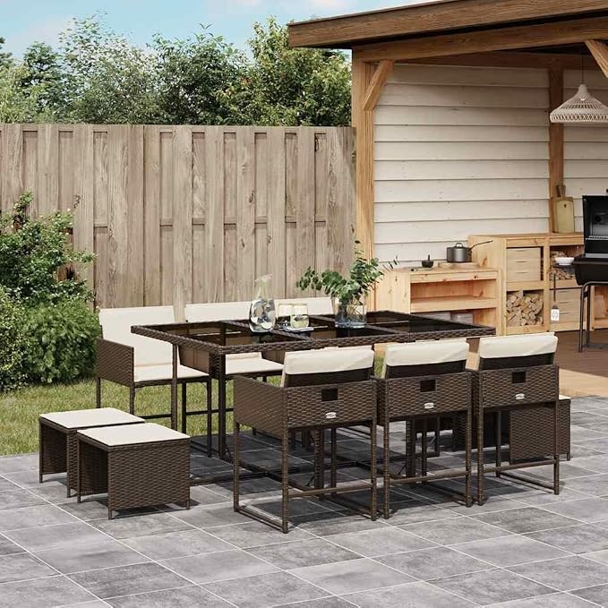 11 Piece Garden Dining Set, Rectangular Outdoor Patio Table with 10 Comfortable Seats, Weather Resistant PE Rattan Furniture for Backyard, Balcony and Deck, Brown