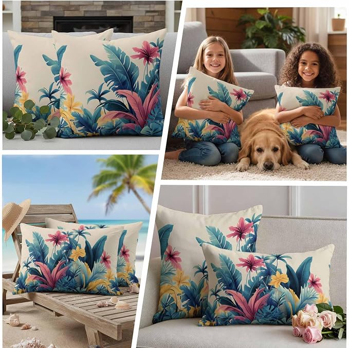 Summer Tropical Leaves Waterproof Outdoor Pillow Covers Set of 2 Home Decor, Farmhouse Botanical Plants Pillowcase Patio Pillow Covers for Couch Bench Furniture Garden 20x20in
