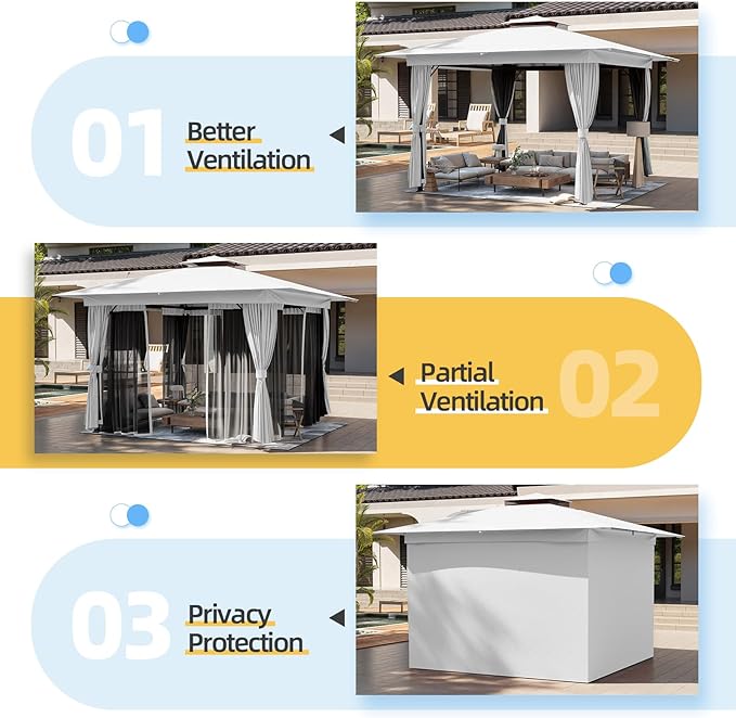 MELLCOM White 10'x10' Outdoor Gazebo for Patio, Heavy Duty Party Tent with Double Roofs, Outdoor Canopy with Curtains and Nettings for Deck, Lawn and Backyard