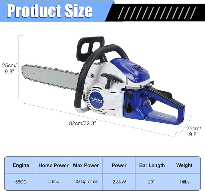 58CC Gas Chain Saw, 1 Set 20 Inches 3.5HP Gas Chain Saw High Power Rust Resistant Wood Chainsaw for Wood Cutting (Blue)