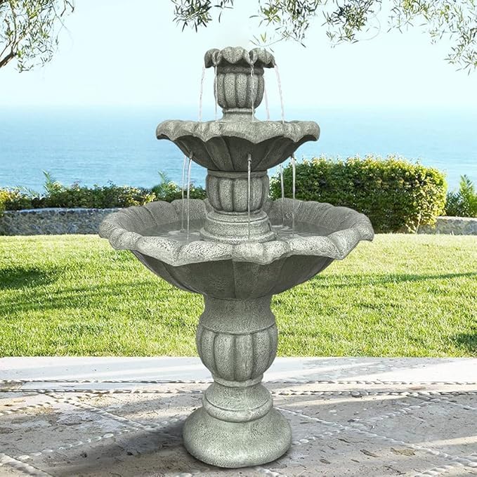 39.3” H Outdoor Floor Water Fountain, 3-Tiers Concrete Water Fountain with Submersible Electric Pump - Garden Cascading Waterfall for Yard Patio Lawn Home Decor