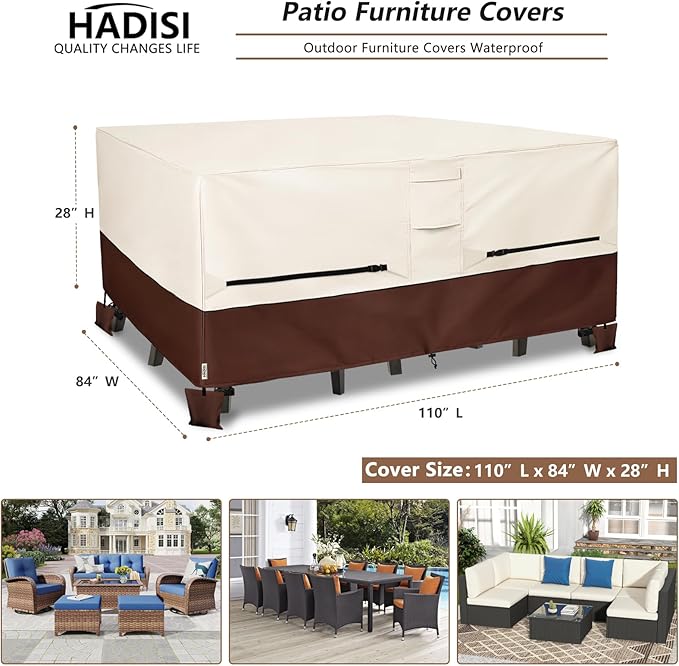 Patio Furniture Covers,Outdoor Furniture Cover Waterproof,600D Rectangular Patio Heavy Duty Table Cover,Outdoor Dining Table and Chair General Purpose Furniture Covers 110"L x 84"W x 28"H-Beige